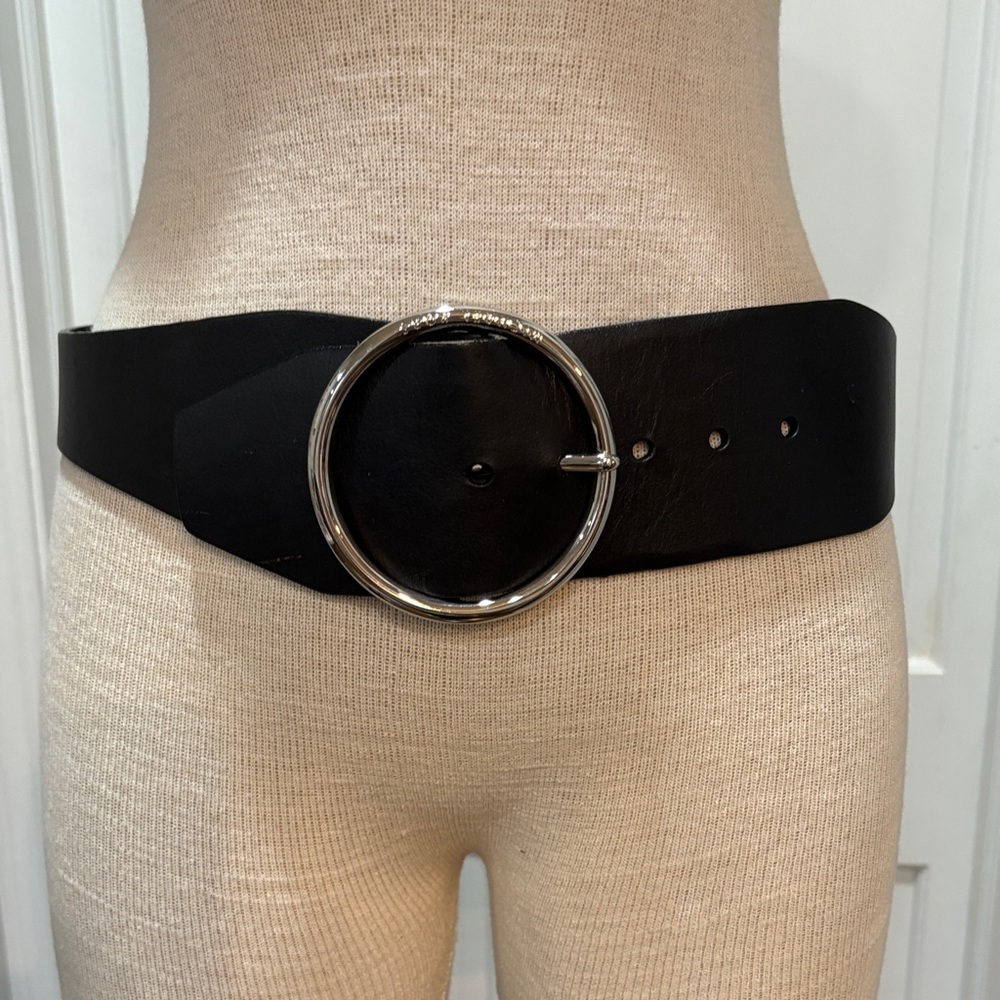 Michael Kors sz S black wide leather statement belt with silver buckle